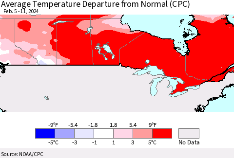 Canada Average Temperature Departure from Normal (CPC) Thematic Map For 2/5/2024 - 2/11/2024