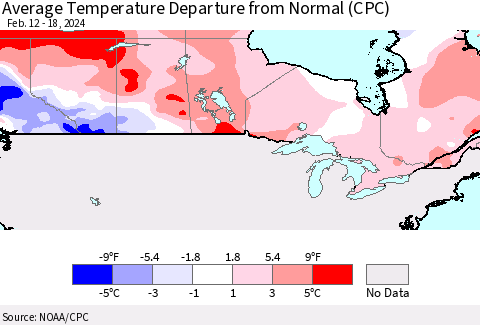 Canada Average Temperature Departure from Normal (CPC) Thematic Map For 2/12/2024 - 2/18/2024