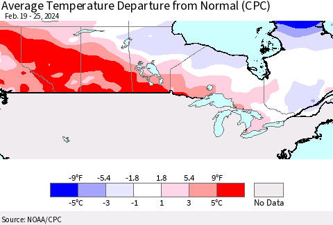 Canada Average Temperature Departure from Normal (CPC) Thematic Map For 2/19/2024 - 2/25/2024