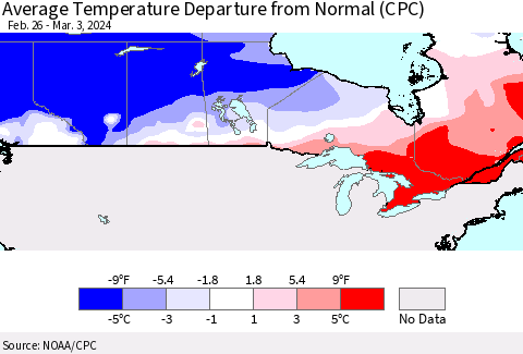 Canada Average Temperature Departure from Normal (CPC) Thematic Map For 2/26/2024 - 3/3/2024
