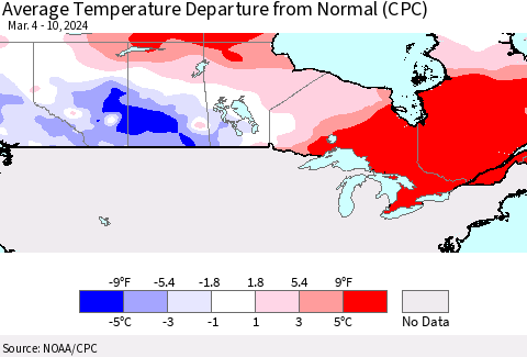 Canada Average Temperature Departure from Normal (CPC) Thematic Map For 3/4/2024 - 3/10/2024