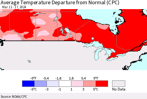 Canada Average Temperature Departure from Normal (CPC) Thematic Map For 3/11/2024 - 3/17/2024