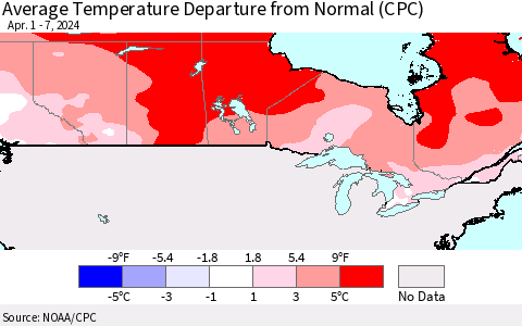 Canada Average Temperature Departure from Normal (CPC) Thematic Map For 4/1/2024 - 4/7/2024