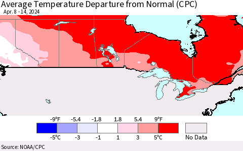 Canada Average Temperature Departure from Normal (CPC) Thematic Map For 4/8/2024 - 4/14/2024