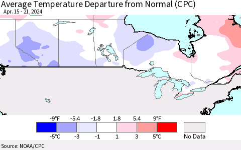 Canada Average Temperature Departure from Normal (CPC) Thematic Map For 4/15/2024 - 4/21/2024