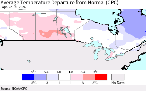 Canada Average Temperature Departure from Normal (CPC) Thematic Map For 4/22/2024 - 4/28/2024