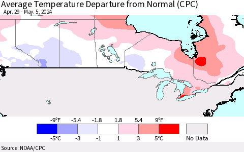 Canada Average Temperature Departure from Normal (CPC) Thematic Map For 4/29/2024 - 5/5/2024