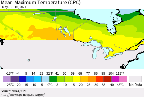 Canada Mean Maximum Temperature (CPC) Thematic Map For 5/10/2021 - 5/16/2021