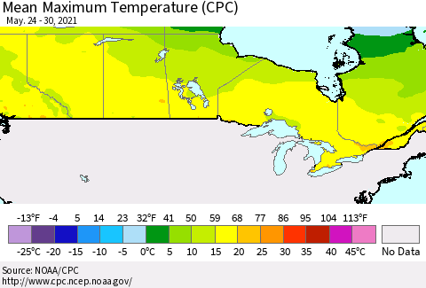 Canada Mean Maximum Temperature (CPC) Thematic Map For 5/24/2021 - 5/30/2021