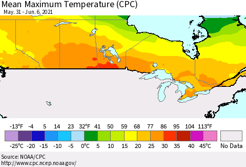 Canada Mean Maximum Temperature (CPC) Thematic Map For 5/31/2021 - 6/6/2021