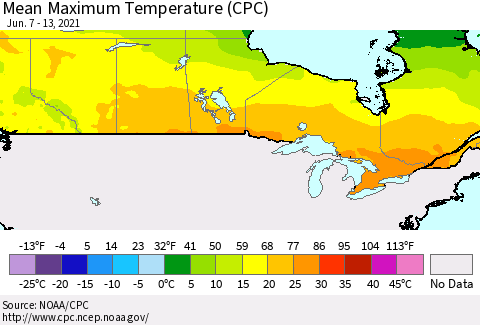 Canada Mean Maximum Temperature (CPC) Thematic Map For 6/7/2021 - 6/13/2021