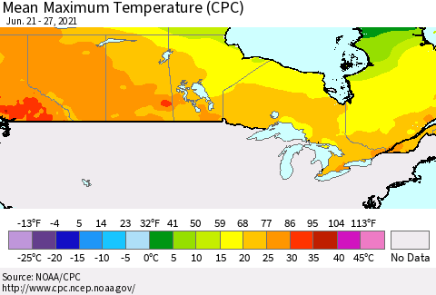 Canada Mean Maximum Temperature (CPC) Thematic Map For 6/21/2021 - 6/27/2021