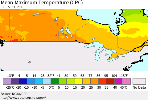 Canada Mean Maximum Temperature (CPC) Thematic Map For 7/5/2021 - 7/11/2021
