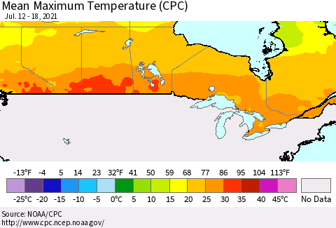 Canada Mean Maximum Temperature (CPC) Thematic Map For 7/12/2021 - 7/18/2021