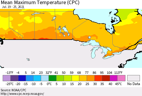 Canada Mean Maximum Temperature (CPC) Thematic Map For 7/19/2021 - 7/25/2021