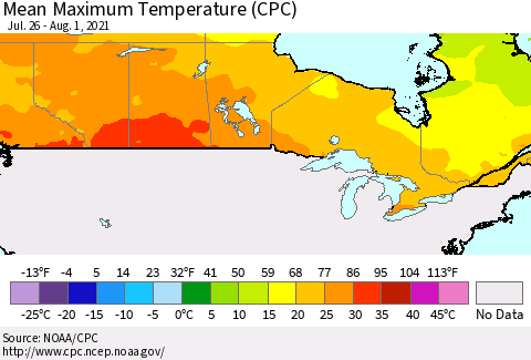 Canada Mean Maximum Temperature (CPC) Thematic Map For 7/26/2021 - 8/1/2021