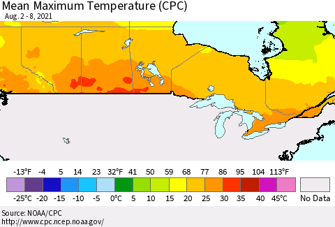Canada Mean Maximum Temperature (CPC) Thematic Map For 8/2/2021 - 8/8/2021