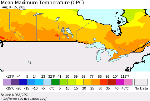 Canada Mean Maximum Temperature (CPC) Thematic Map For 8/9/2021 - 8/15/2021