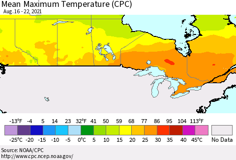 Canada Mean Maximum Temperature (CPC) Thematic Map For 8/16/2021 - 8/22/2021