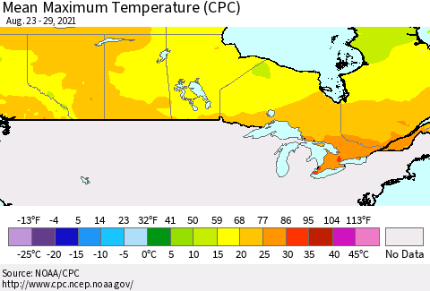 Canada Mean Maximum Temperature (CPC) Thematic Map For 8/23/2021 - 8/29/2021