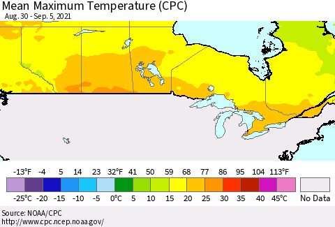Canada Mean Maximum Temperature (CPC) Thematic Map For 8/30/2021 - 9/5/2021