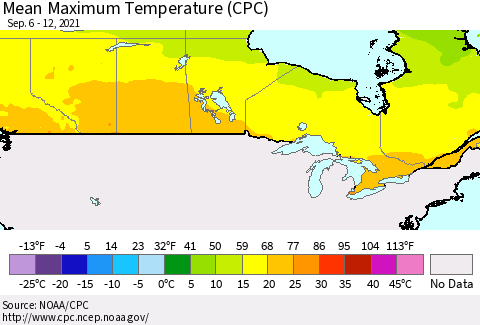 Canada Mean Maximum Temperature (CPC) Thematic Map For 9/6/2021 - 9/12/2021