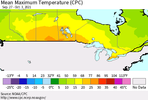 Canada Mean Maximum Temperature (CPC) Thematic Map For 9/27/2021 - 10/3/2021