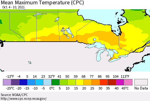 Canada Mean Maximum Temperature (CPC) Thematic Map For 10/4/2021 - 10/10/2021