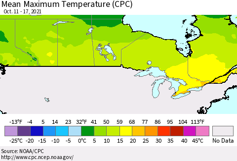 Canada Mean Maximum Temperature (CPC) Thematic Map For 10/11/2021 - 10/17/2021