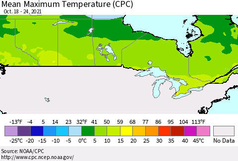 Canada Mean Maximum Temperature (CPC) Thematic Map For 10/18/2021 - 10/24/2021