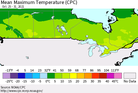 Canada Mean Maximum Temperature (CPC) Thematic Map For 10/25/2021 - 10/31/2021