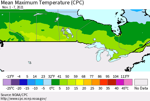 Canada Mean Maximum Temperature (CPC) Thematic Map For 11/1/2021 - 11/7/2021