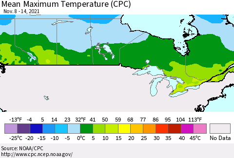 Canada Mean Maximum Temperature (CPC) Thematic Map For 11/8/2021 - 11/14/2021