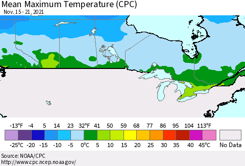 Canada Mean Maximum Temperature (CPC) Thematic Map For 11/15/2021 - 11/21/2021