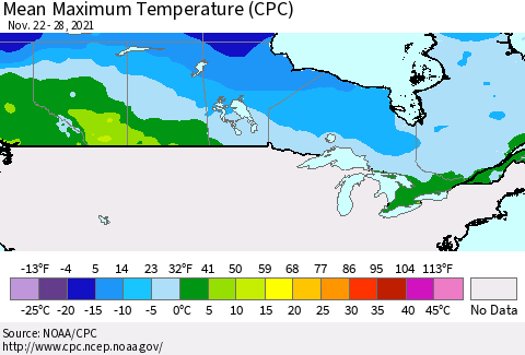 Canada Mean Maximum Temperature (CPC) Thematic Map For 11/22/2021 - 11/28/2021