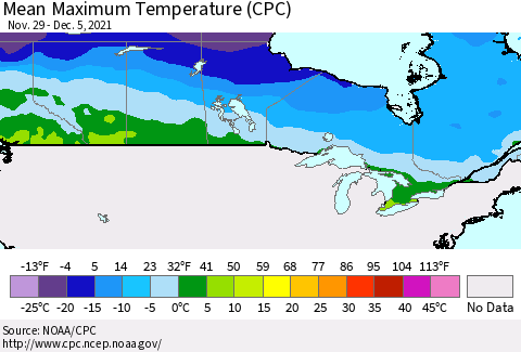 Canada Mean Maximum Temperature (CPC) Thematic Map For 11/29/2021 - 12/5/2021
