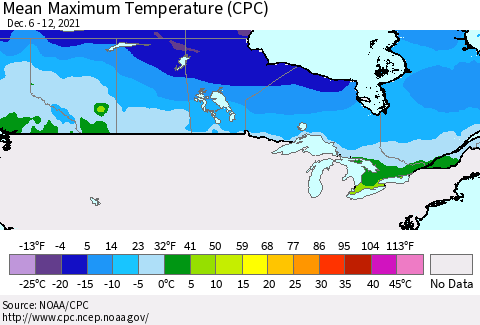 Canada Mean Maximum Temperature (CPC) Thematic Map For 12/6/2021 - 12/12/2021
