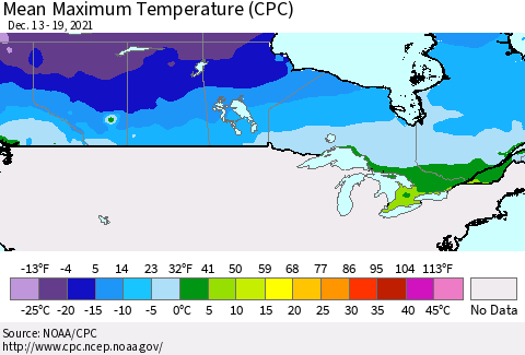Canada Mean Maximum Temperature (CPC) Thematic Map For 12/13/2021 - 12/19/2021