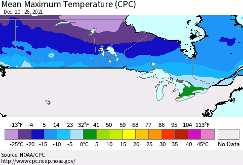 Canada Mean Maximum Temperature (CPC) Thematic Map For 12/20/2021 - 12/26/2021
