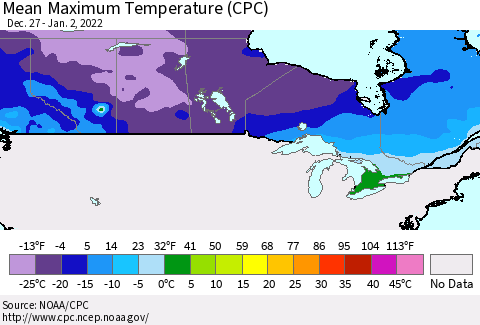 Canada Mean Maximum Temperature (CPC) Thematic Map For 12/27/2021 - 1/2/2022