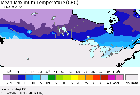 Canada Mean Maximum Temperature (CPC) Thematic Map For 1/3/2022 - 1/9/2022