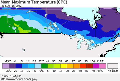 Canada Mean Maximum Temperature (CPC) Thematic Map For 1/10/2022 - 1/16/2022