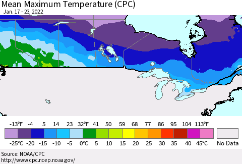 Canada Mean Maximum Temperature (CPC) Thematic Map For 1/17/2022 - 1/23/2022