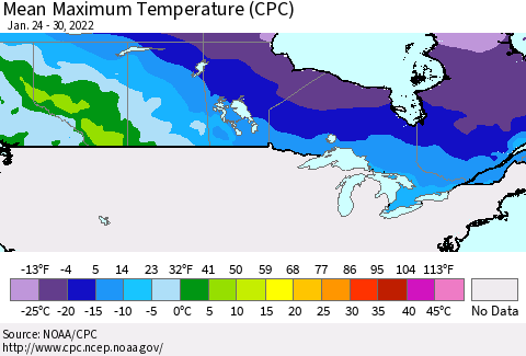 Canada Mean Maximum Temperature (CPC) Thematic Map For 1/24/2022 - 1/30/2022