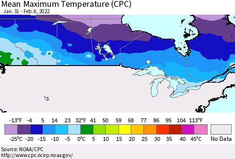Canada Mean Maximum Temperature (CPC) Thematic Map For 1/31/2022 - 2/6/2022
