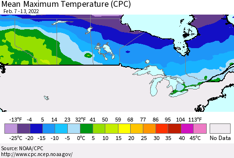Canada Mean Maximum Temperature (CPC) Thematic Map For 2/7/2022 - 2/13/2022
