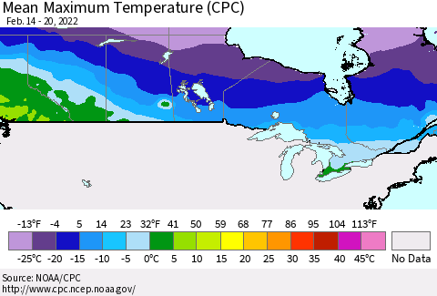 Canada Mean Maximum Temperature (CPC) Thematic Map For 2/14/2022 - 2/20/2022