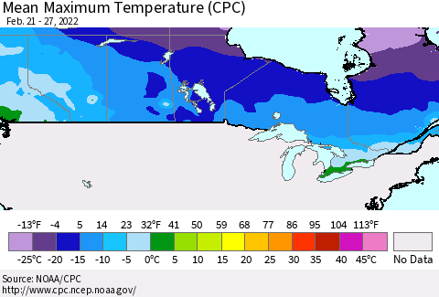 Canada Mean Maximum Temperature (CPC) Thematic Map For 2/21/2022 - 2/27/2022
