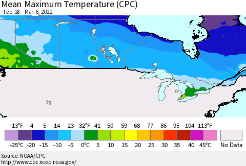 Canada Mean Maximum Temperature (CPC) Thematic Map For 2/28/2022 - 3/6/2022