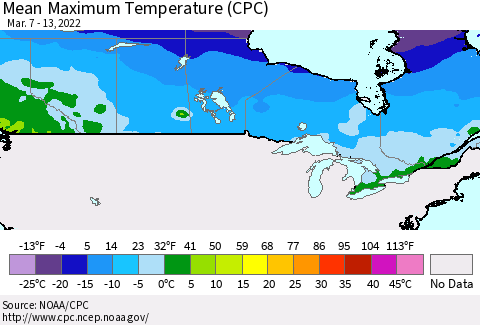 Canada Mean Maximum Temperature (CPC) Thematic Map For 3/7/2022 - 3/13/2022